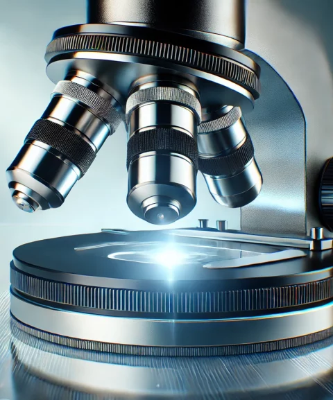 A close-up, modern, and sleek image of a microscope with sharp, detailed lenses, illuminated by soft light. The microscope is the main focus, showcasi A close-up, modern, and sleek image of a microscope with sharp, detailed lenses, illuminated by soft light. The microscope is the main focus, showcasi
