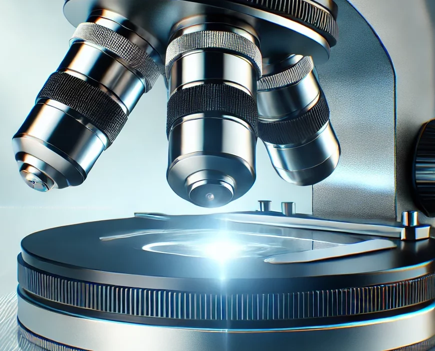 A close-up, modern, and sleek image of a microscope with sharp, detailed lenses, illuminated by soft light. The microscope is the main focus, showcasi