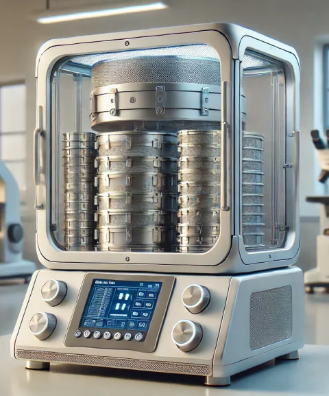 A highly realistic, high-tech sieve analysis machine in a laboratory environment. The machine features precise, detailed sieves stacked inside a trans A highly realistic, high-tech sieve analysis machine in a laboratory environment. The machine features precise, detailed sieves stacked inside a trans