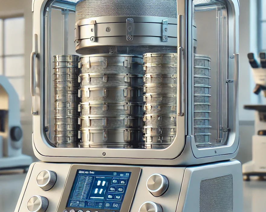 A highly realistic, high-tech sieve analysis machine in a laboratory environment. The machine features precise, detailed sieves stacked inside a trans