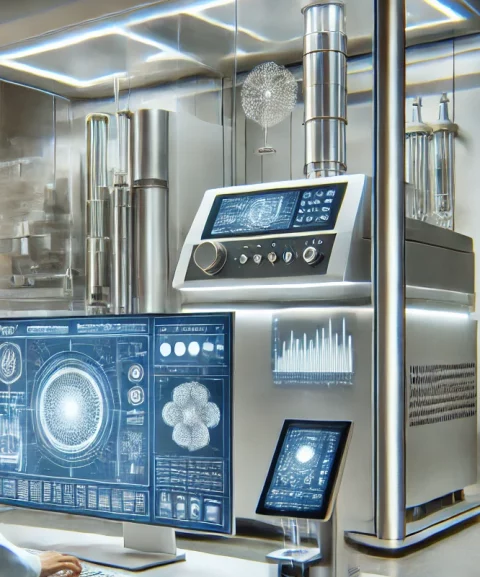 A modern, high-tech laboratory scene featuring a researcher working with advanced analytical equipment. The researcher is focused on a computer screen A modern, high-tech laboratory scene featuring a researcher working with advanced analytical equipment. The researcher is focused on a computer screen