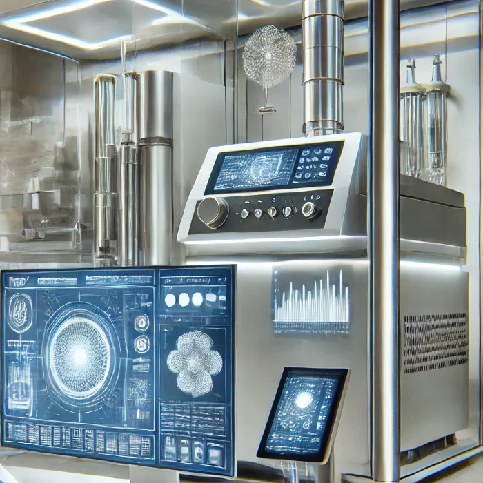 A modern, high-tech laboratory scene featuring a researcher working with advanced analytical equipment. The researcher is focused on a computer screen