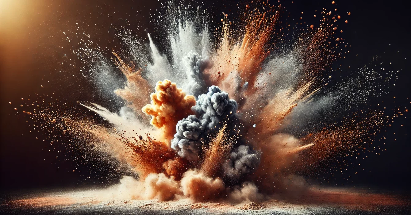 An explosion of powder with a combination of aluminum, bronze, and copper powders, creating a beautiful splash effect. The scene features a vibrant cl An explosion of powder with a combination of aluminum, bronze, and copper powders, creating a beautiful splash effect. The scene features a vibrant cl