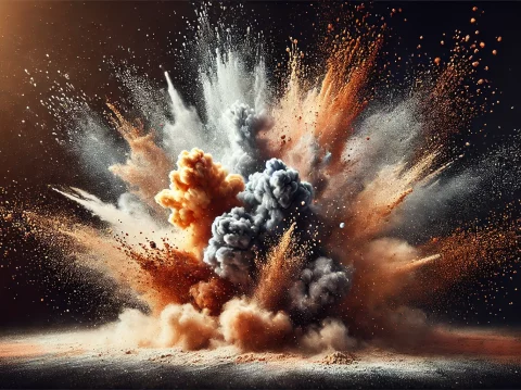 An explosion of powder with a combination of aluminum, bronze, and copper powders, creating a beautiful splash effect. The scene features a vibrant cl An explosion of powder with a combination of aluminum, bronze, and copper powders, creating a beautiful splash effect. The scene features a vibrant cl