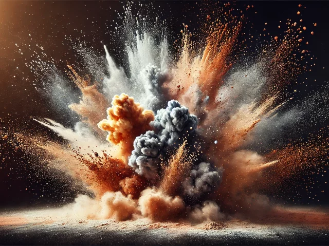 An explosion of powder with a combination of aluminum, bronze, and copper powders, creating a beautiful splash effect. The scene features a vibrant cl