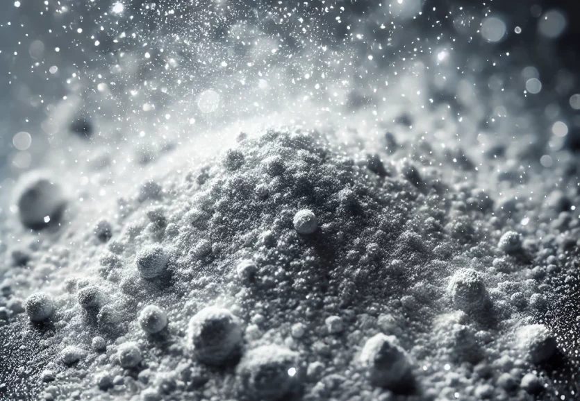 Fine aluminum powder, resembling delicate dust particles scattered evenly across the surface. The powder should have a light silver metallic shine, di