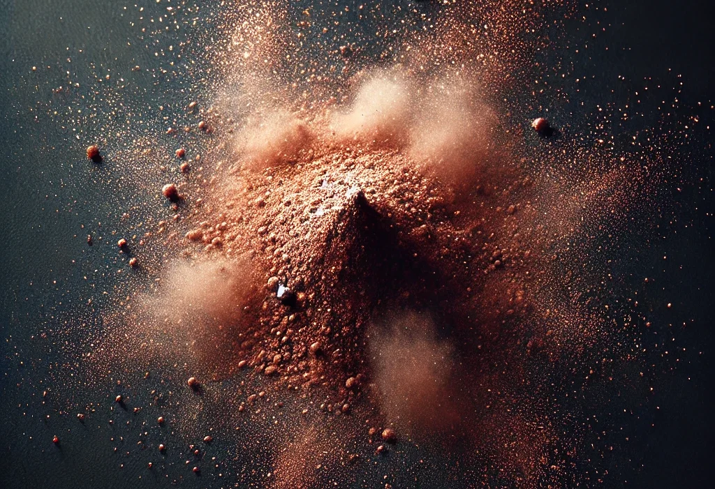 Fine copper powder, resembling a delicate cloud of dust or scattered particles, with metallic reddish-brown hues. The powder should be dispersed in a