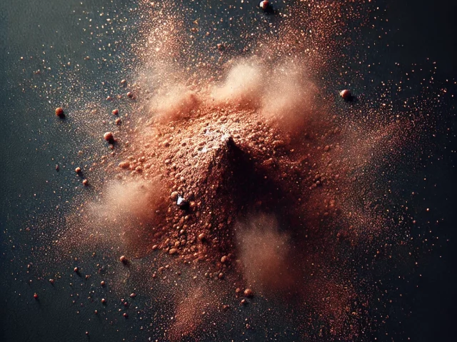 Fine copper powder, resembling a delicate cloud of dust or scattered particles, with metallic reddish-brown hues. The powder should be dispersed in a