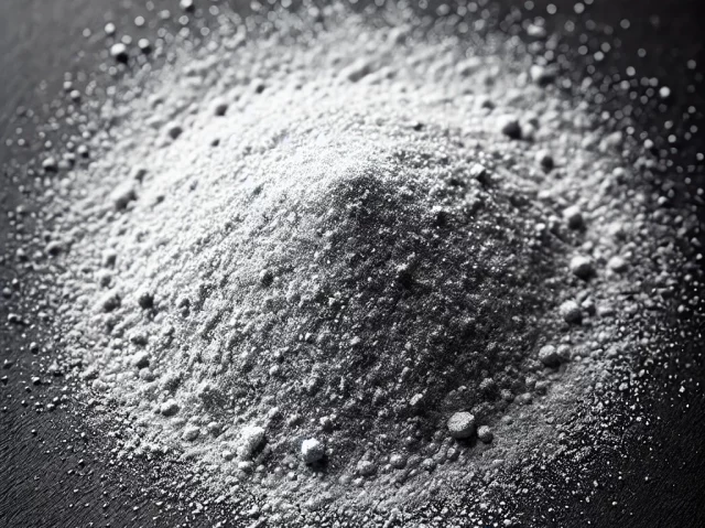 Fine tin powder, finely and evenly spread across the surface, resembling delicate dust particles. The powder should have a light silver-grey appearanc