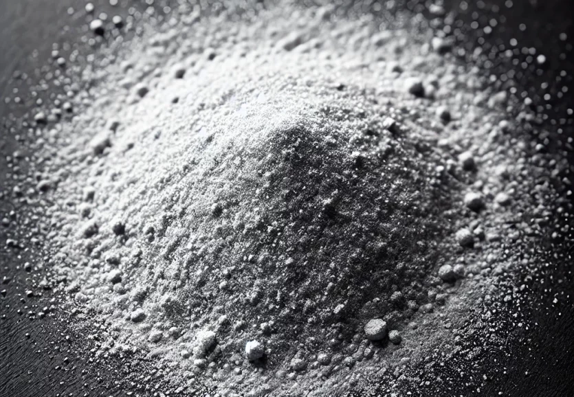 Fine tin powder, finely and evenly spread across the surface, resembling delicate dust particles. The powder should have a light silver-grey appearanc
