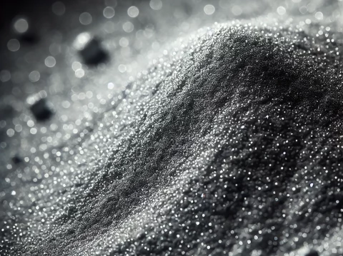 Nickel powder, finely and evenly spread across the surface, resembling delicate dust particles. The powder should have a darker, matte silvery-grey to Nickel powder, finely and evenly spread across the surface, resembling delicate dust particles. The powder should have a darker, matte silvery-grey to