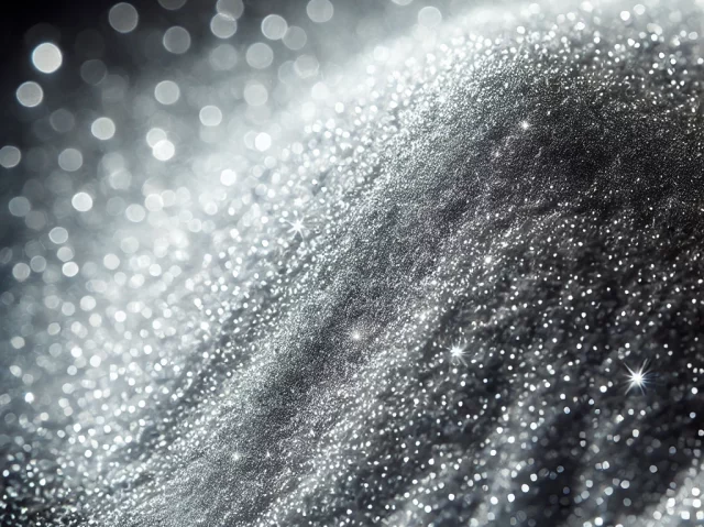 Silver-coated aluminum powder, finely and evenly spread across the surface, resembling delicate dust particles. The powder should have a bright silver