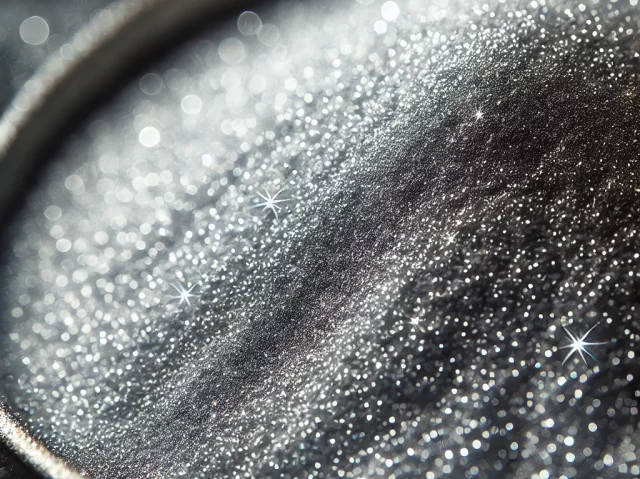 Silver-coated copper powder, finely and evenly spread across the surface, resembling delicate dust particles. The powder should have a bright silver m