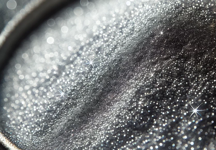 Silver-coated copper powder, finely and evenly spread across the surface, resembling delicate dust particles. The powder should have a bright silver m