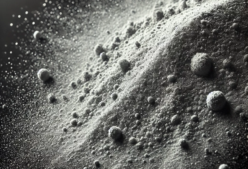 Stainless steel powder, finely scattered like a mist of fine dust particles, with a metallic grey appearance. The powder should have a subtle shine an Stainless steel powder, finely scattered like a mist of fine dust particles, with a metallic grey appearance. The powder should have a subtle shine an