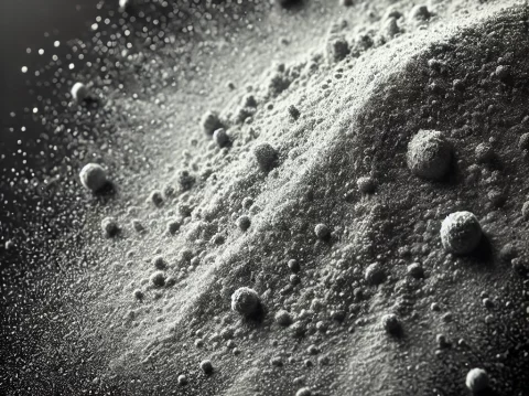 Stainless steel powder, finely scattered like a mist of fine dust particles, with a metallic grey appearance. The powder should have a subtle shine an Stainless steel powder, finely scattered like a mist of fine dust particles, with a metallic grey appearance. The powder should have a subtle shine an