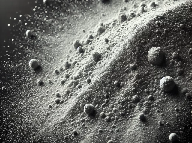 Stainless steel powder, finely scattered like a mist of fine dust particles, with a metallic grey appearance. The powder should have a subtle shine an