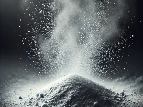 Titanium powder, finely dispersed like a mist of fine dust particles, with a subtle metallic shine. The powder should be light grey, almost silver, an Titanium powder, finely dispersed like a mist of fine dust particles, with a subtle metallic shine. The powder should be light grey, almost silver, an