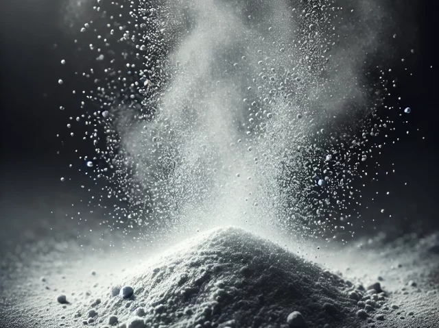 Titanium powder, finely dispersed like a mist of fine dust particles, with a subtle metallic shine. The powder should be light grey, almost silver, an