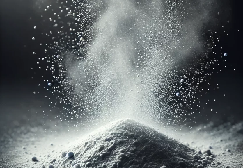 Titanium powder, finely dispersed like a mist of fine dust particles, with a subtle metallic shine. The powder should be light grey, almost silver, an