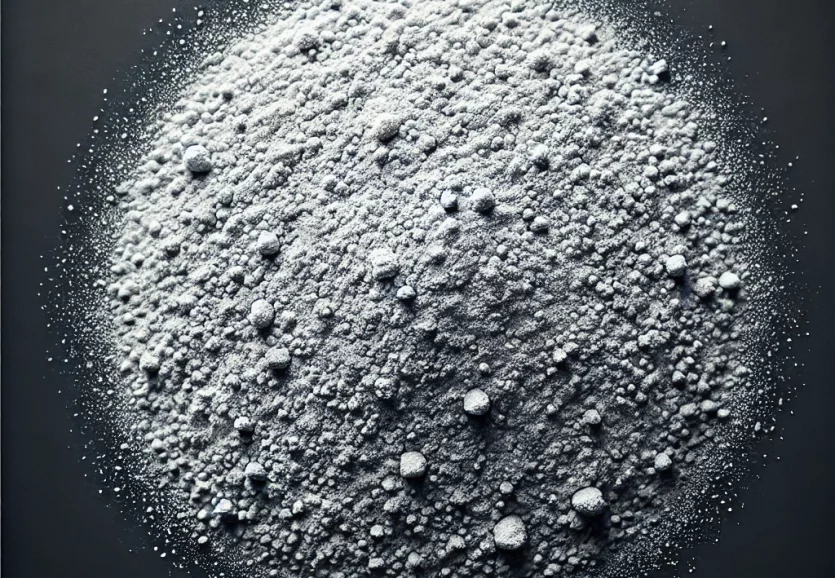 Zinc powder, finely and evenly spread across the surface, resembling delicate dust particles. The powder should appear as a smooth, uniform layer, wit